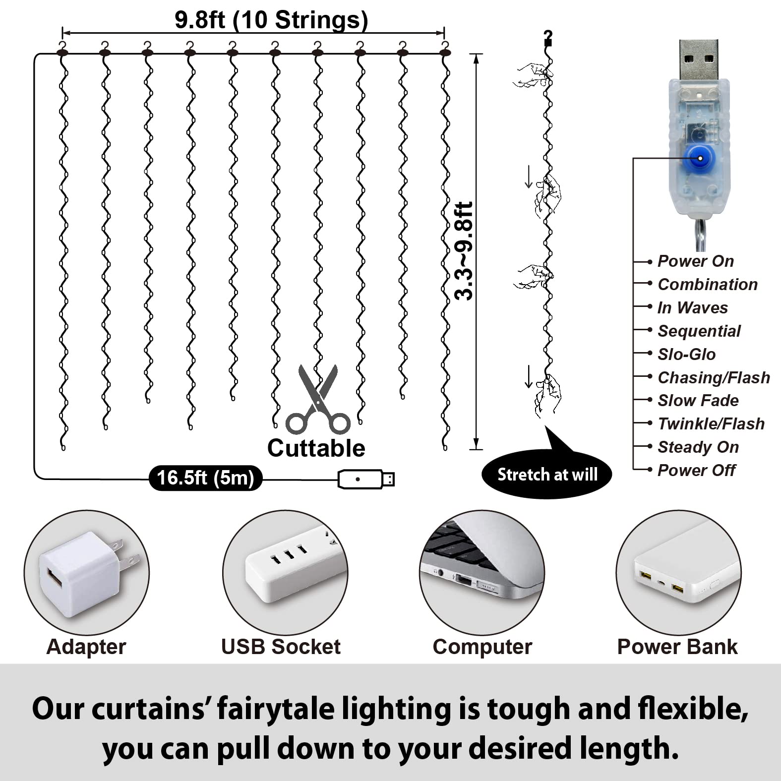 ELEPHANTBOAT® Curtain Lights for Decoration of Christmas, 300LEDs Diwali Lights for Balcony String Lights with 8 Modes Support Remote Control, Timer Setting Curtains Lights for Home Decoration