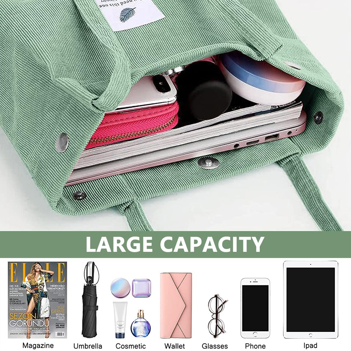 PALAY Tote Bags for Women for School Work and Shopping with Corduroy Material Beige & Green