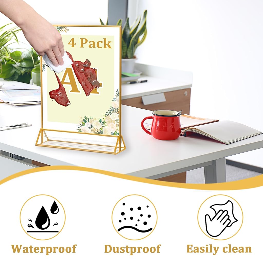 Climberty® 4Pcs Acrylic Sign Holders A4-Sized Golden Framed Sign Holder Double-sided Clear Advertising Flyers Display Stand Table Menu Holders