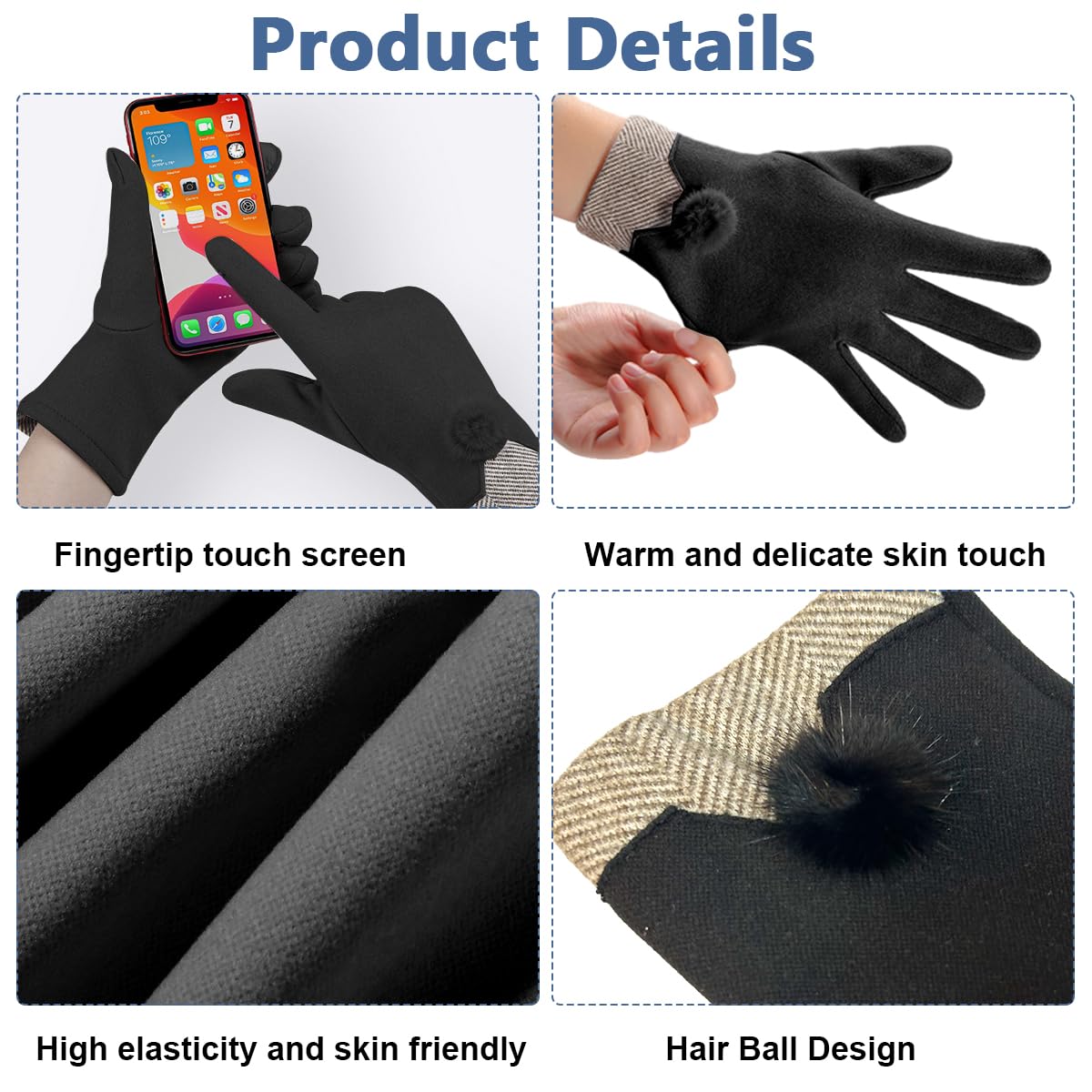 GUSTAVE Winter Gloves for Women with Touchscreen Tips and Pompon Accent | 19.22 cm Fit