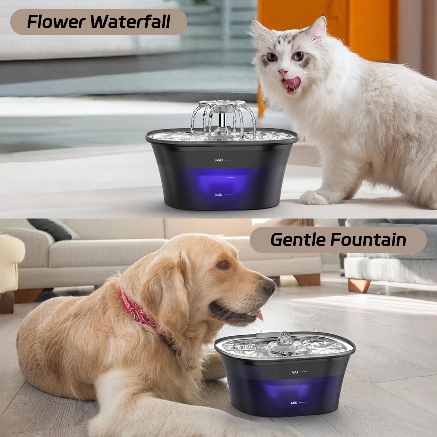 Qpets Cat Water Fountain 2.5L with 5 Level Filtration and Floral Sprout Stainless Steel Bowl | Ultra Quiet LED Drinking Dispenser