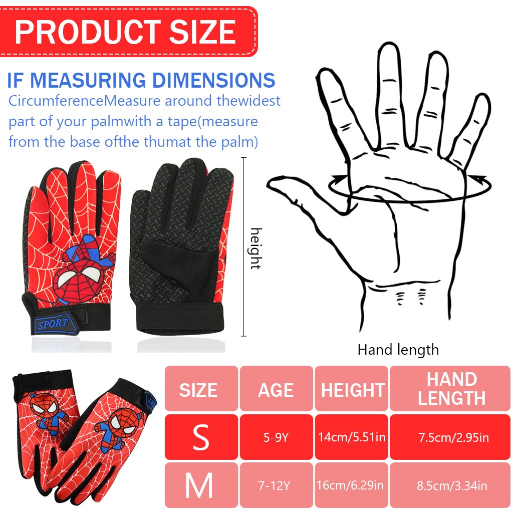 PROBEROS Kids Riding Gloves for Cycling with Anti Slip Palm and Adjustable Wrist | Red Cartoon Print Cotton for Ages 2 to 5