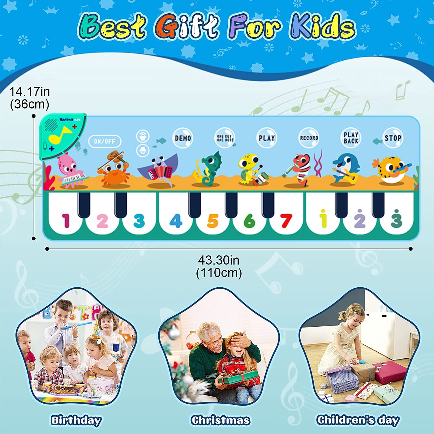 PATPAT Piano Mat for Kids with 8 Sounds and 6 Modes 110×36cm Foldable Play Mat | Blue