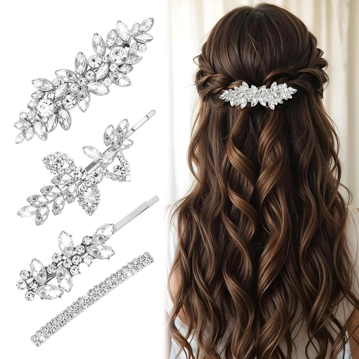 SANNIDHI® 4Pcs Fashion Hair Barrettes Floral Hair Pins for Girls Women, Crystal Clear Sparkling Rhinestone Floral Hair Barrettes Hair Clips Stylish Women Hair Clips Bridal Hair Accessories