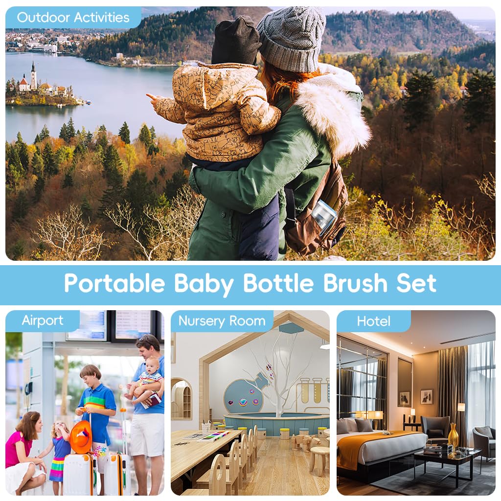 ZIBUYU Baby Bottle Cleaning Brush Kit with 2 in 1 Storage Case and Silicone Heads | 6 in 1 Travel Set