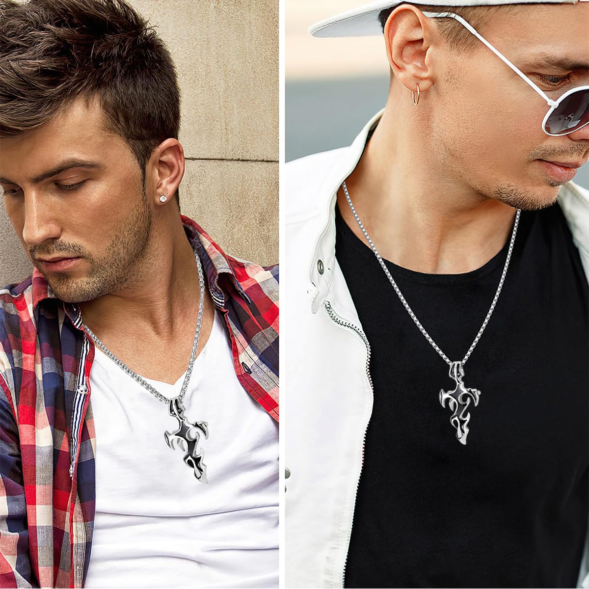 ZIBUYU Flame Cross Necklace for Men and Boys Flame Cross Pendant Chain for Men Titanium Steel Pendant Hiphop Men's Necklace Jewellery Accessories Gift for Men, Boys