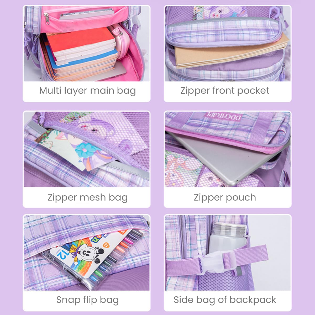 PALAY School Backpack for Girls with 28×17×41cm Multi Layer Design and Ergonomic Back | Oxford Cloth Purple Set