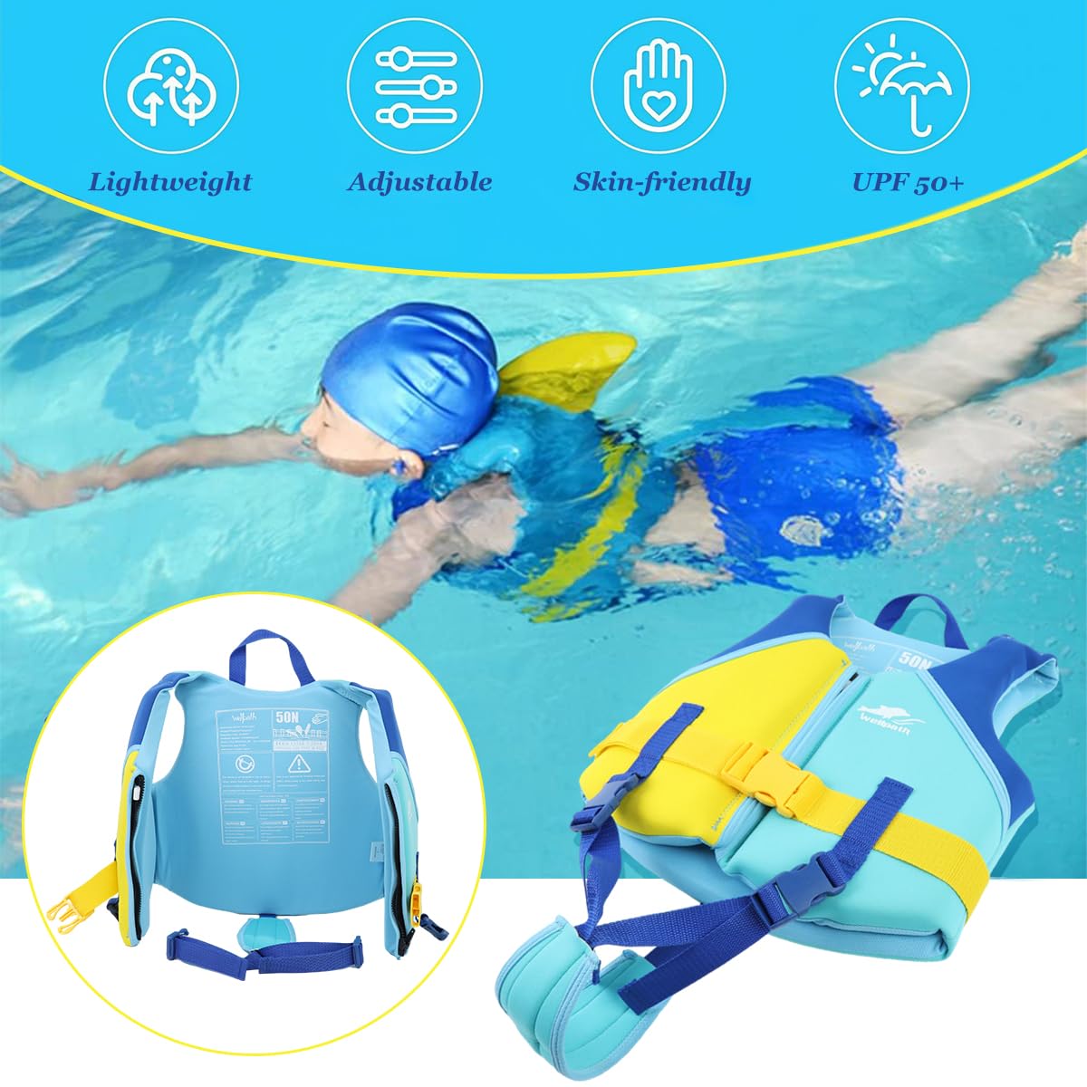 Proberos Kids Life Jacket for Swimming with Adjustable Thigh Straps and 35kg Capacity | Blue and Yellow EPE Foam Vest for 8–10 Year Olds