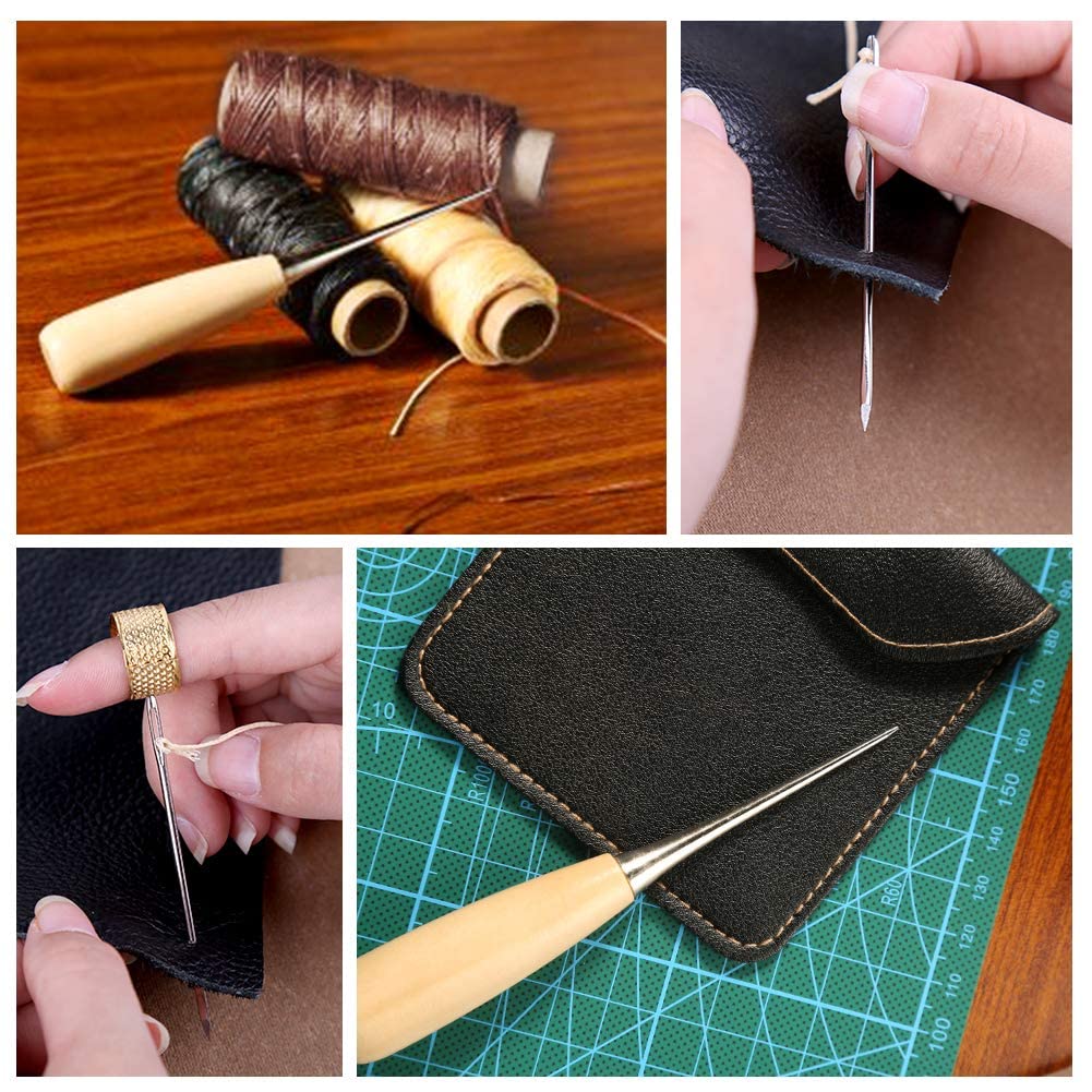 HASTHIP Leather Sewing Repair Kit 12 pcs for Sofas and Shoes with Wooden Awl & 7 Needles | DIY Stitching Tools
