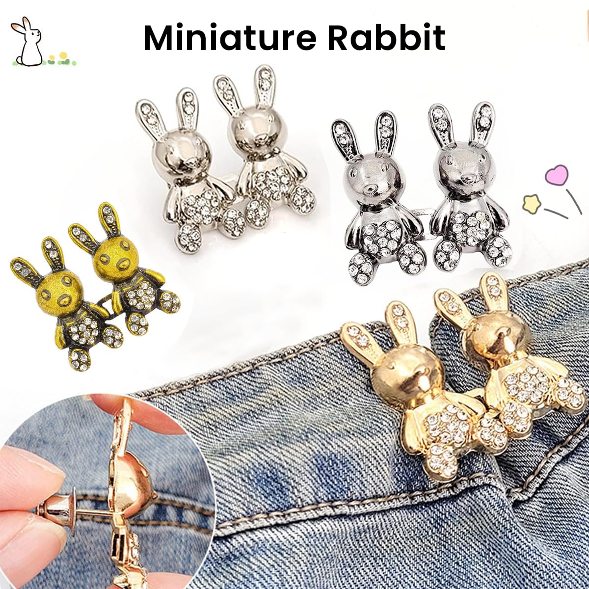 Venzina Adjustable Waist Buckle for Jeans and Pants featuring Detachable Alloy Pins | 4 Sets Cute Rabbit Rhinestone Design