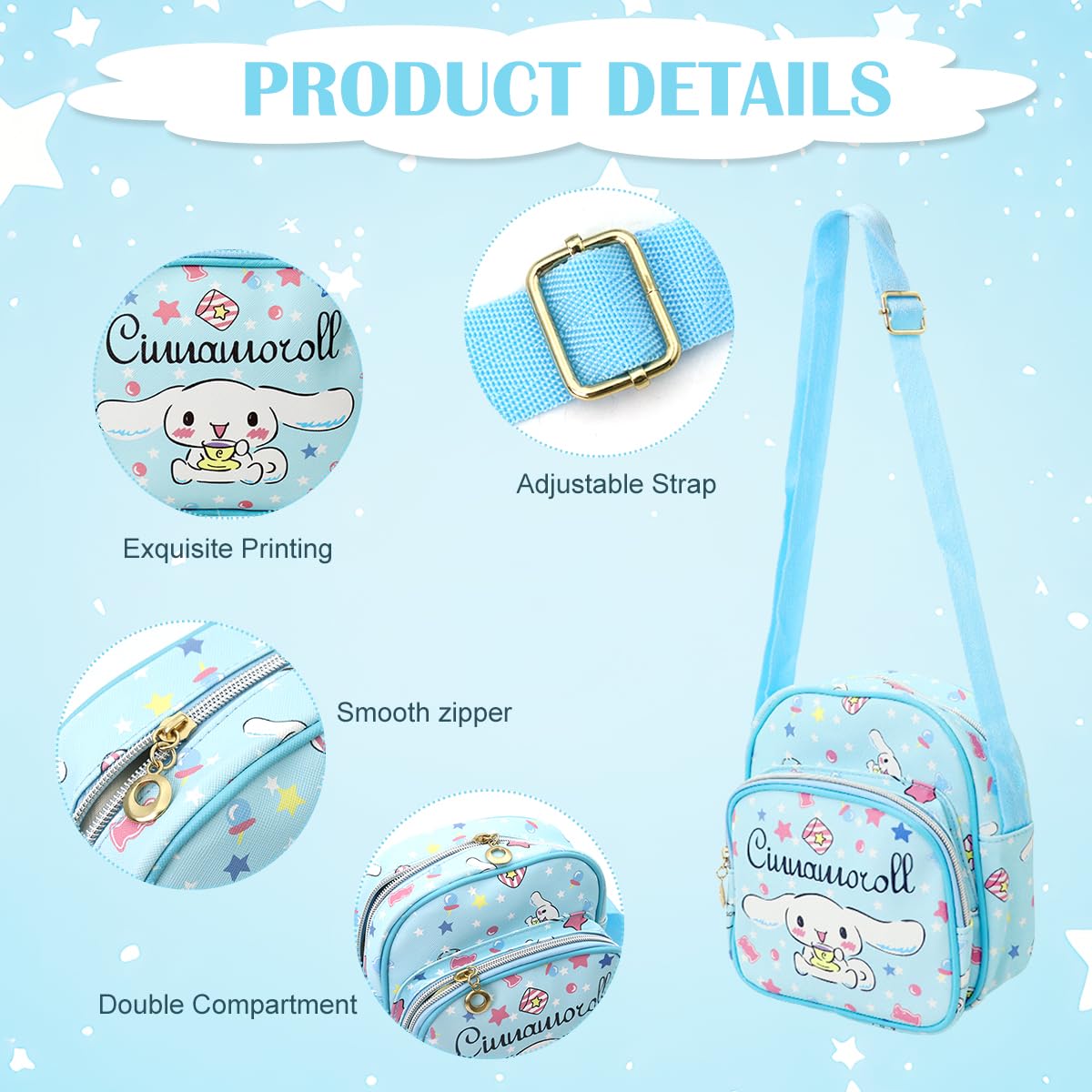 PALAY Cinnamoroll Crossbody Bag for Girls with 2 Zipper Pouches 18x10x20cm Blue | Removable Strap