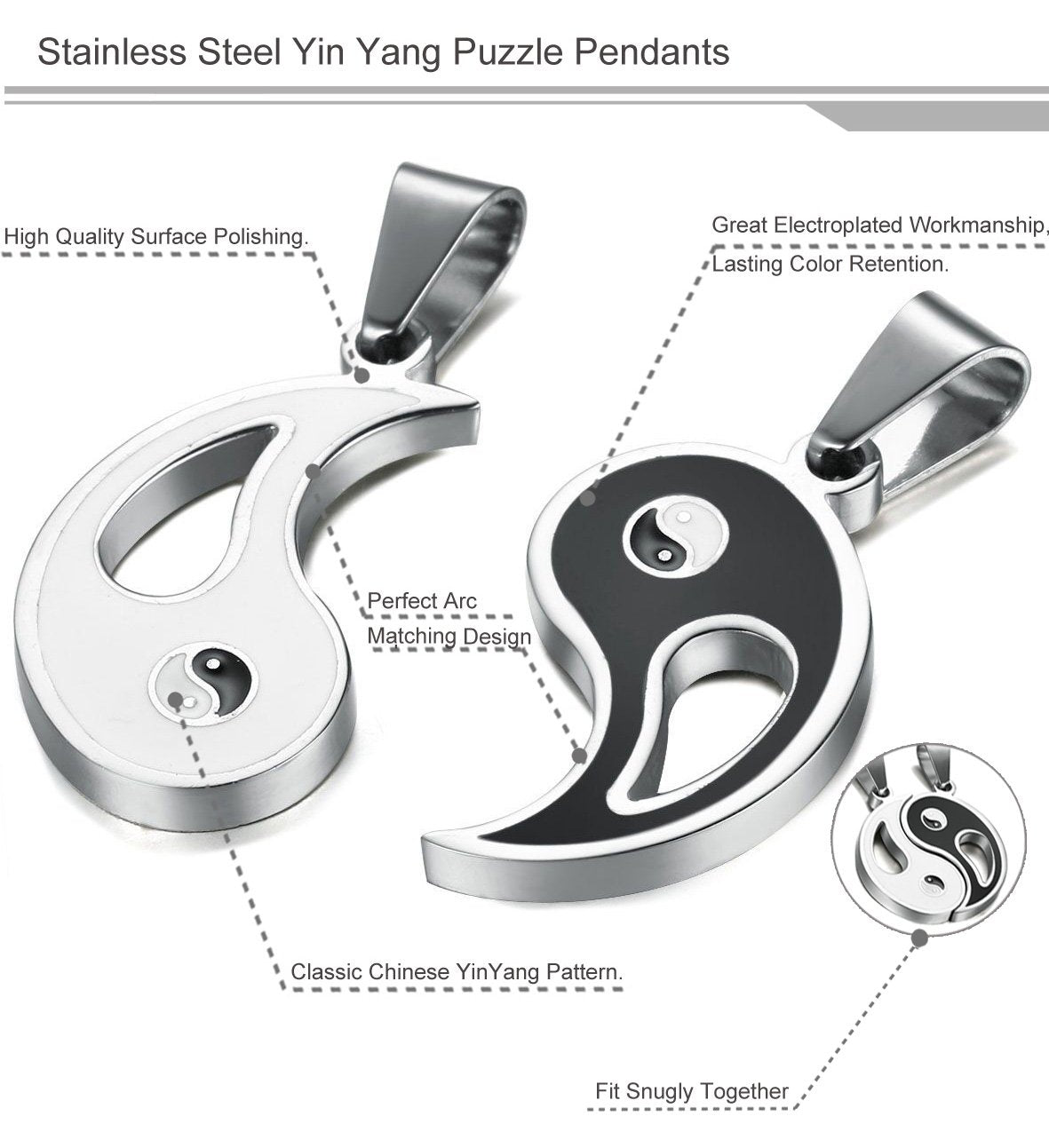 ZIBUYU Friendship Pendant for Women & Men Stylish Yin Yang Taiji Necklaces for 2 Best Friend Oriental Harmony Necklace for Girls, Boys Shining Necklace for Couple Pendant for Gifting - 2 Pcs