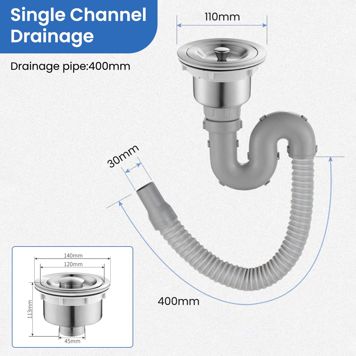 HASTHIP® Kitchen Sink Drain Kit with Expandable Drain Pipe Wash Basin Drain Pipe Kit Stainless Steel Drain Flange Anti-Odor Kitchen Sink Drain Pipe Replacement Fits 3.35