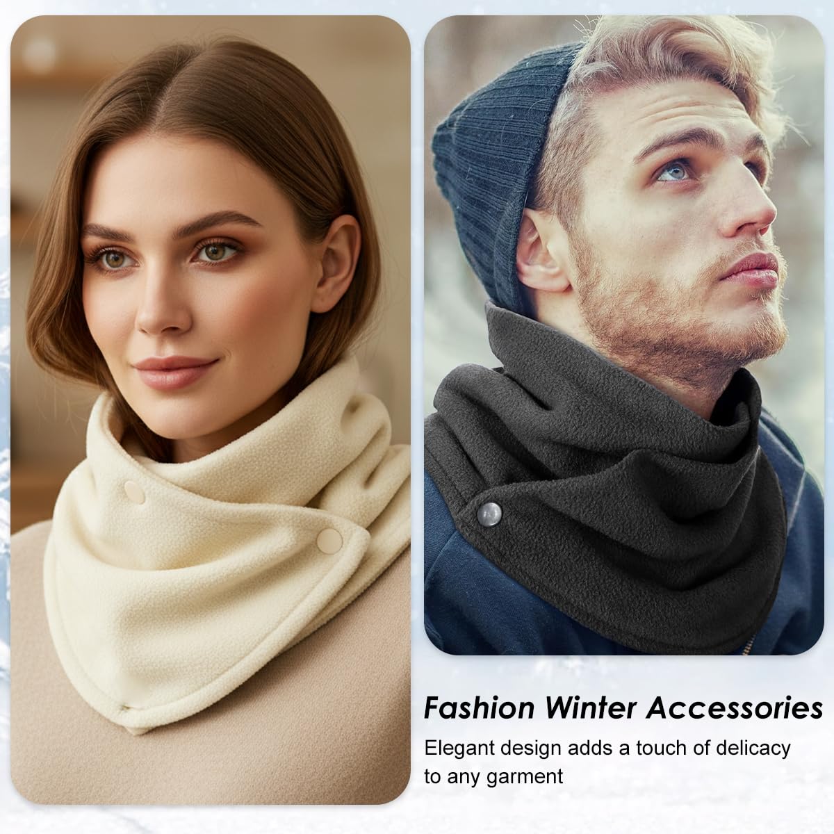 SANNIDHI Winter Scarf for Women and Men with Button Up Closure and Soft Polar Fleece | 2Pcs Thermal Neck Warmer in Black & Beige