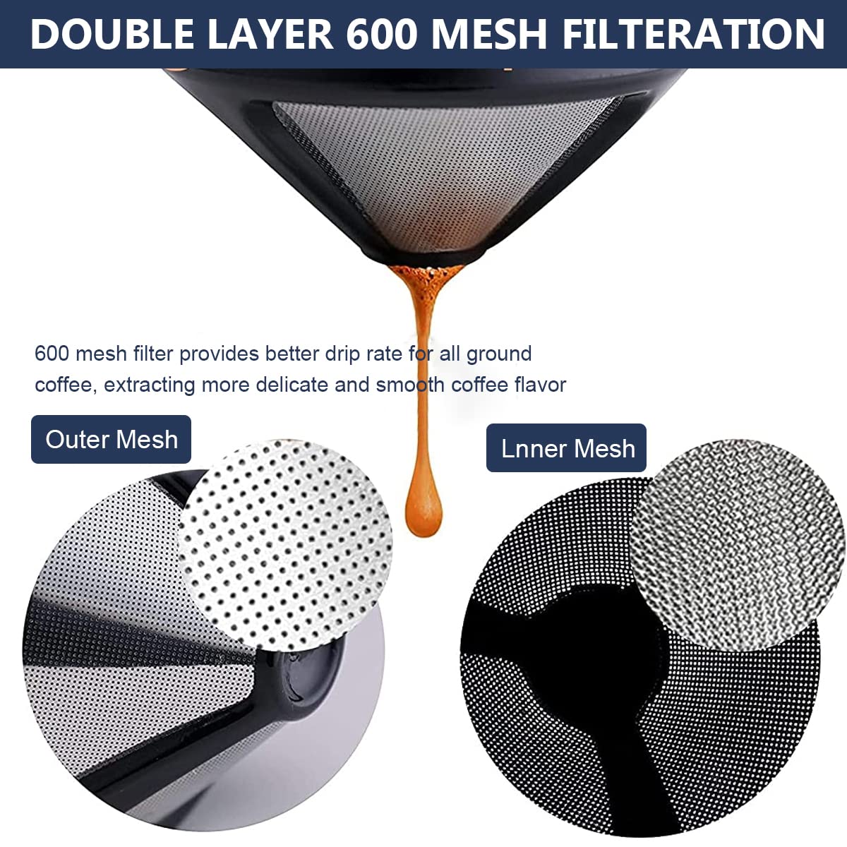 HASTHIP Filter Coffee Maker with Double Mesh Bottom Cup Stainless Steel Dripper 3 PCS