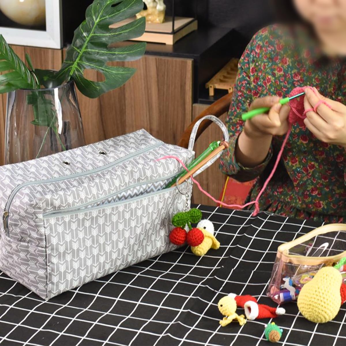 HASTHIP Crochet Bag for Yarn Storage and Knitting Accessories featuring 4 Yarn Feed Holes