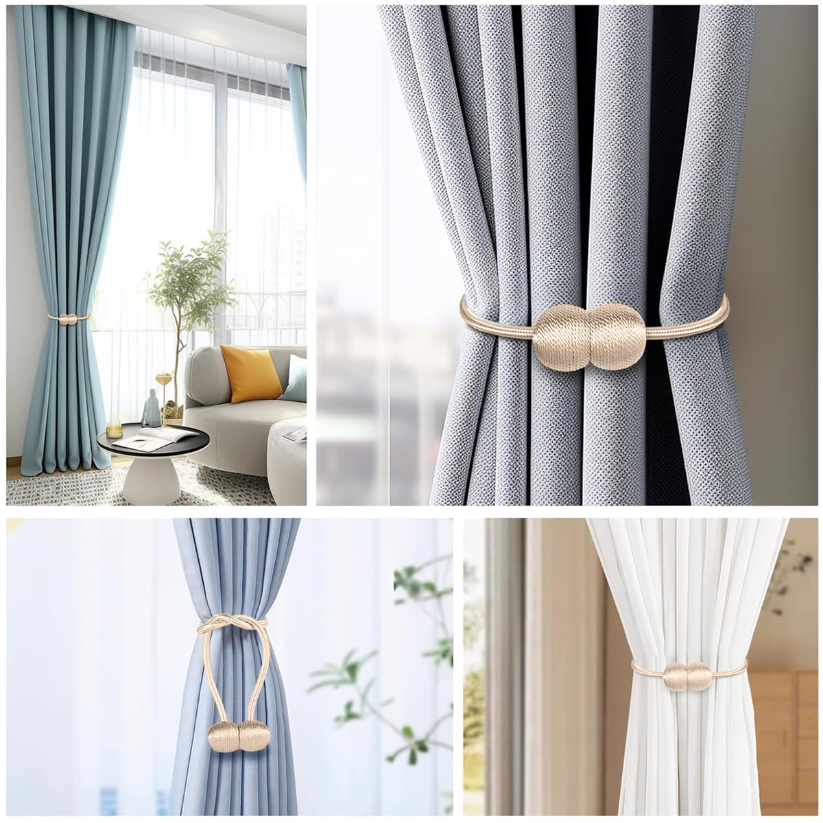 HASTHIP Magnetic Curtain Tiebacks for Home and Office featuring 40cm Rope & 3.3cm Balls | Beige