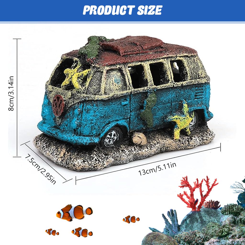 Qpets Aquarium Decorative Vintage Resin Old Bus Ornament with Hiding Cave 13x7.5x8cm | Set of 3