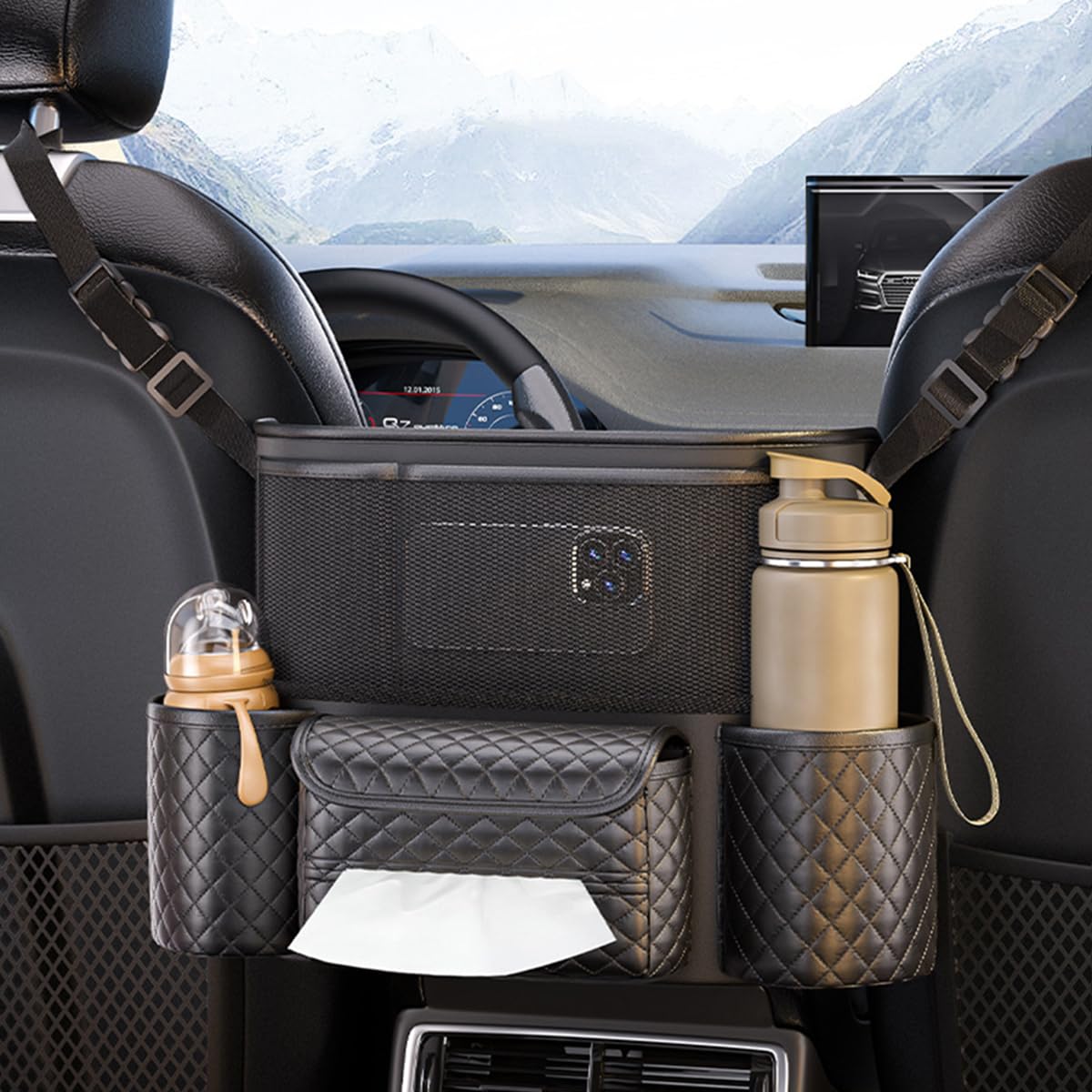 STHIRA Car Organizer for Center Console with Tissue Box and Cup Holder | 2PCS Seat Back Storage