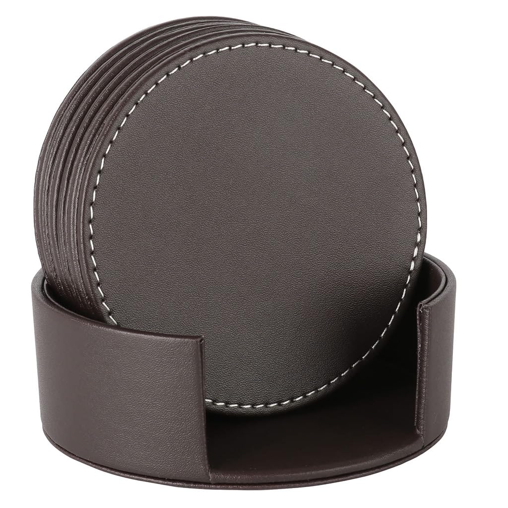 HASTHIP Leather Coasters Set for Table Protection with Holder and PU Insulation | Brown 6Pcs