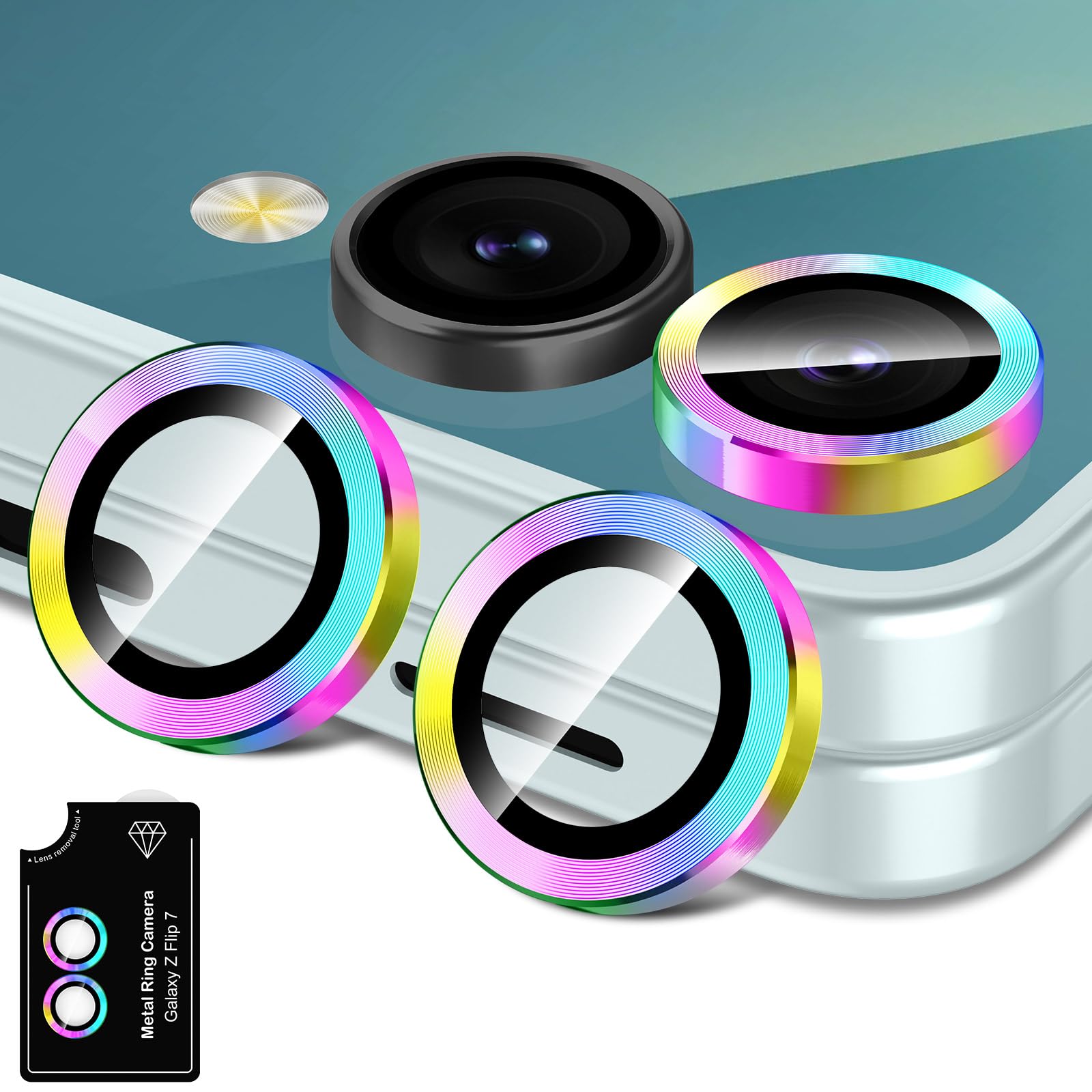 ZORBES® Compatible with Galaxy Z Flip 7, Colorful Metal Lens Protector Rings, High Anti-Impact & Anti-Scratch Tempered Glass Lens Protector Integrated Locator Tool, Press-on Easy Installation