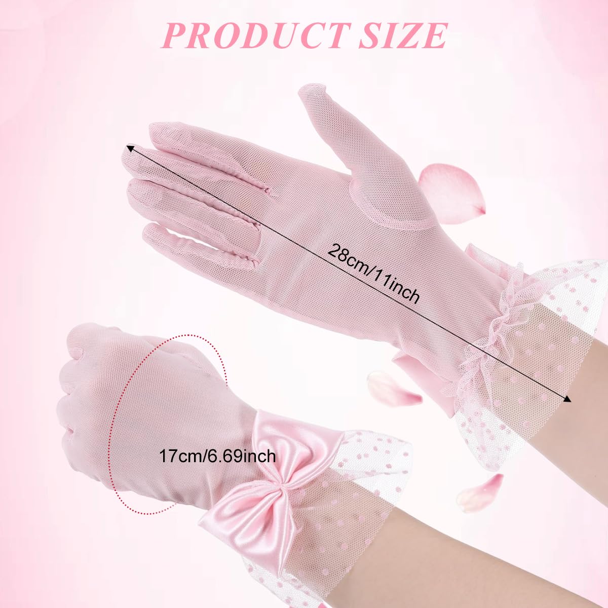 PALAY Lace Gloves for Wedding and Party with Satin Bow and Polka Dot Cuff | Pink Mesh Elegance