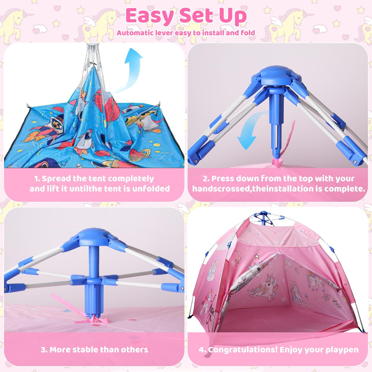 PATPAT Pop Up Play Tent for Kids 130x128x110cm with Mesh Roof and Zip Up Door | Pink Unicorn Design