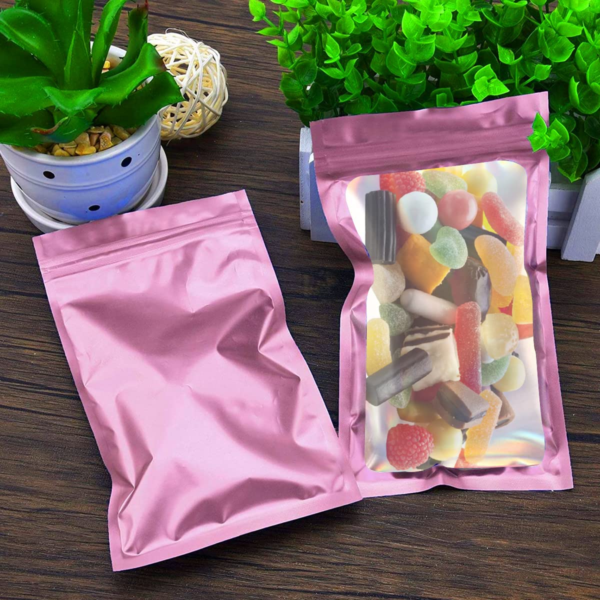 HASTHIP Smell Proof Mylar Bags for Food and Jewelry Storage 100 Pcs 10x18cm | Pink Resealable Ziplock Design