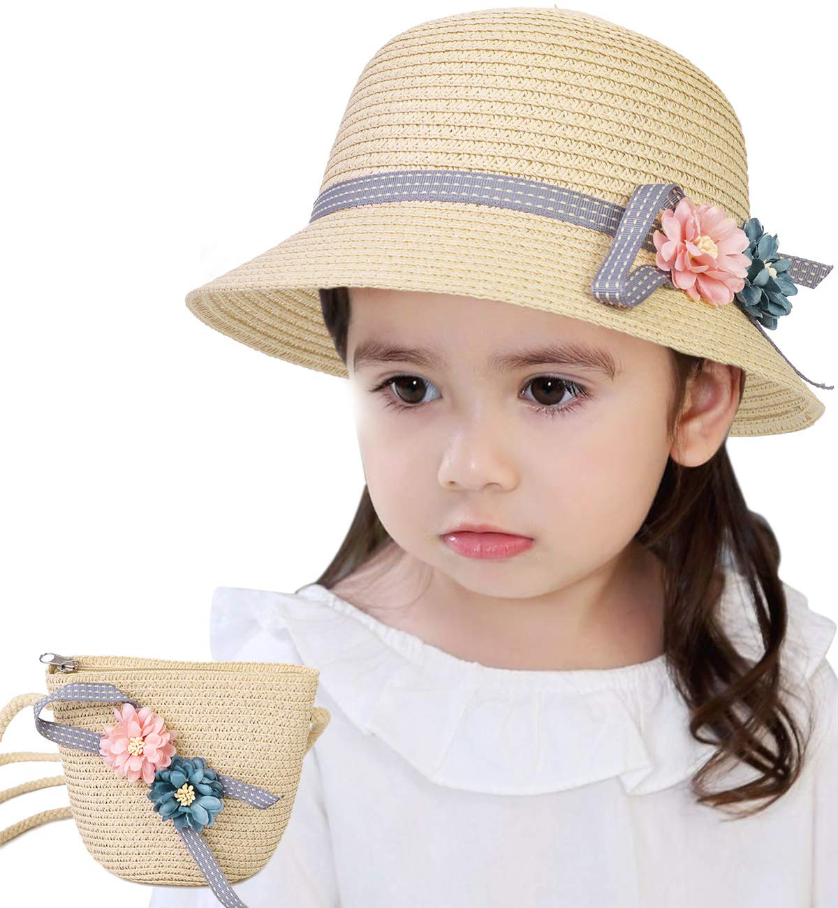 PALAY® Summer Straw Hats for Girls 4-6 Year-Old Kids Flowers Straw Cap Beach Sun Hat Tea Party Hat Purse Holiday Travel Outdoor Beige