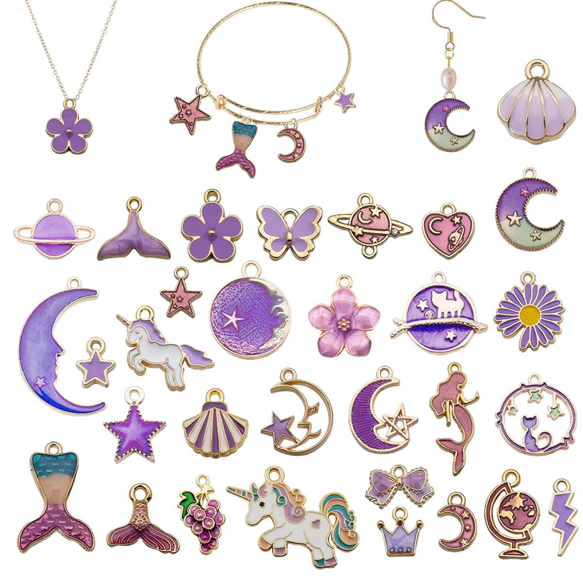 MAYCREATE Enamel Pendant Charms Set for DIY Jewelry Making with Hanging Hole | 31Pcs Gold Plated Purple Kit