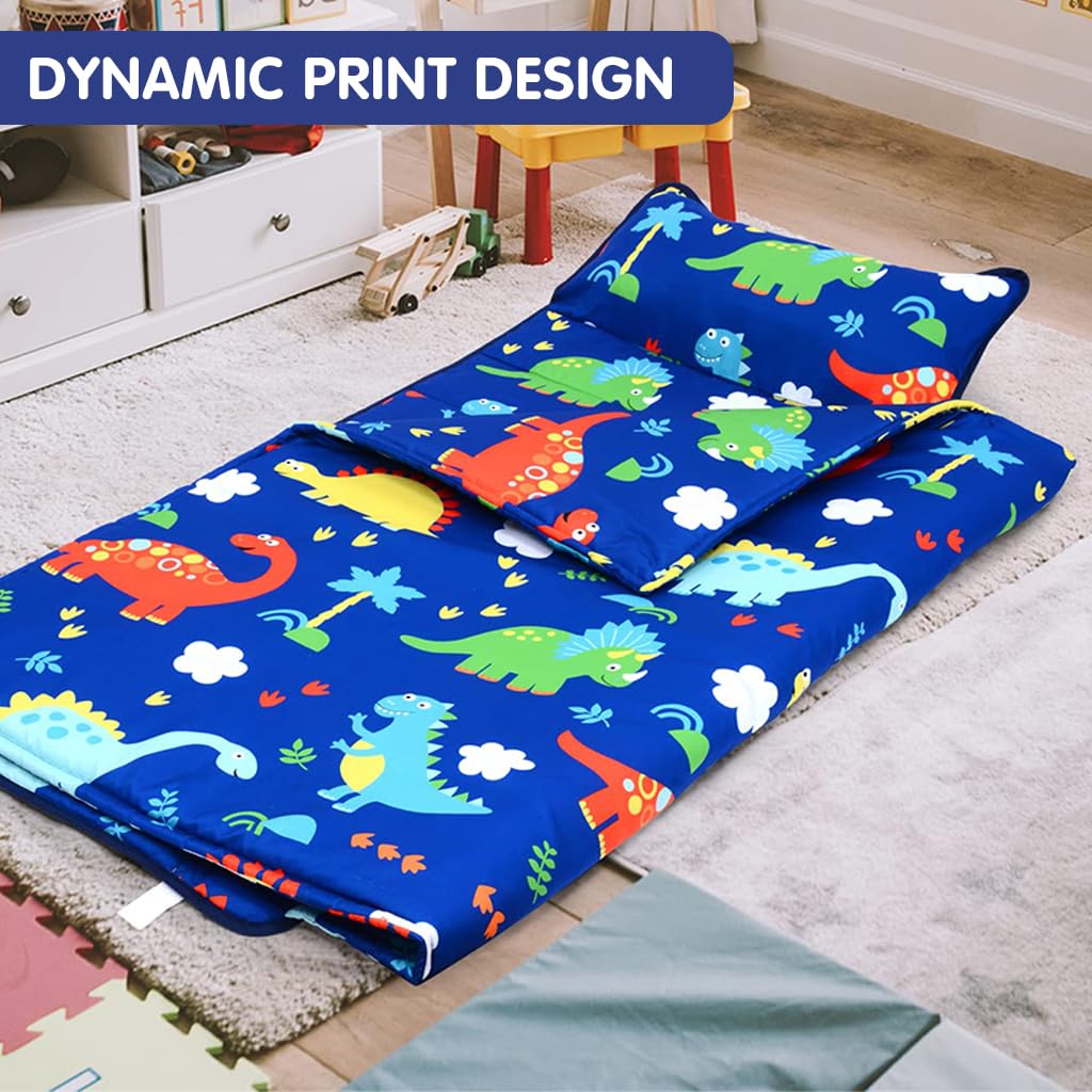 SNOWIE SOFT Kids Blanket 49.2x19.6 in for Sleeping Mat Use with Pillow & Folding Handle | Soft Polyester Cotton Dinosaur Print for Ages 3–5