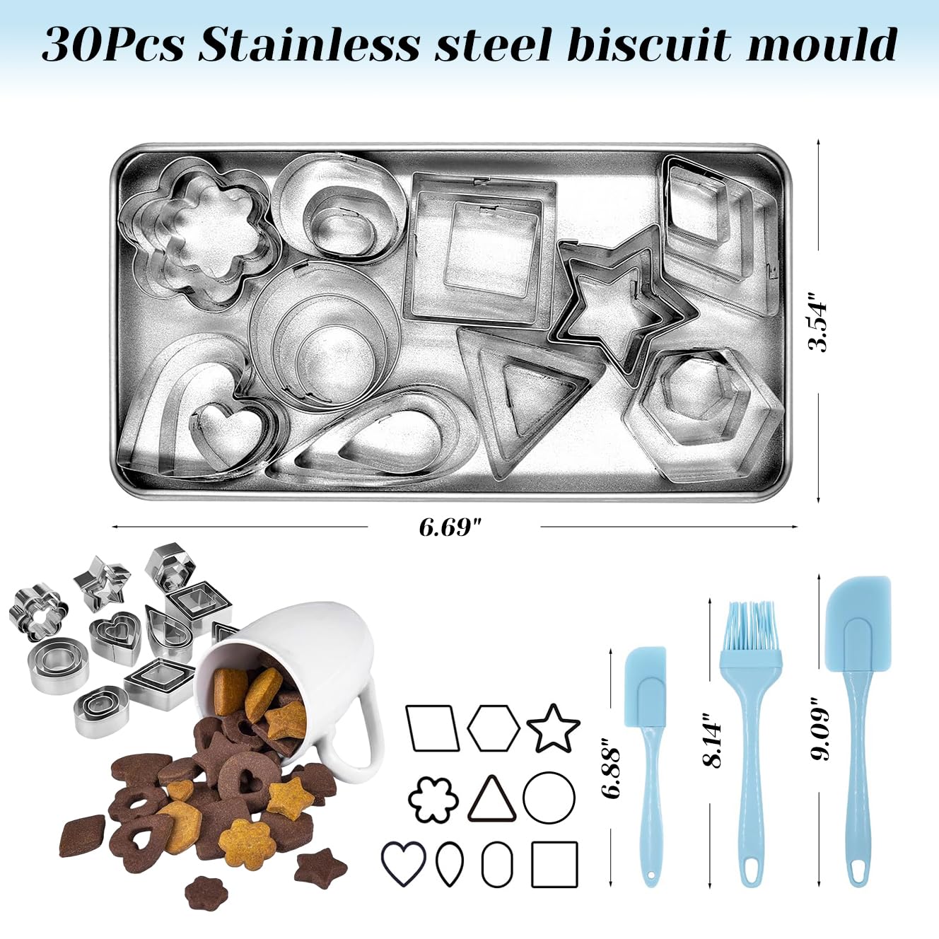 Supvox Stainless Steel Cookie Cutters Set with 30 Shapes and Silicone Tools | Storage Box