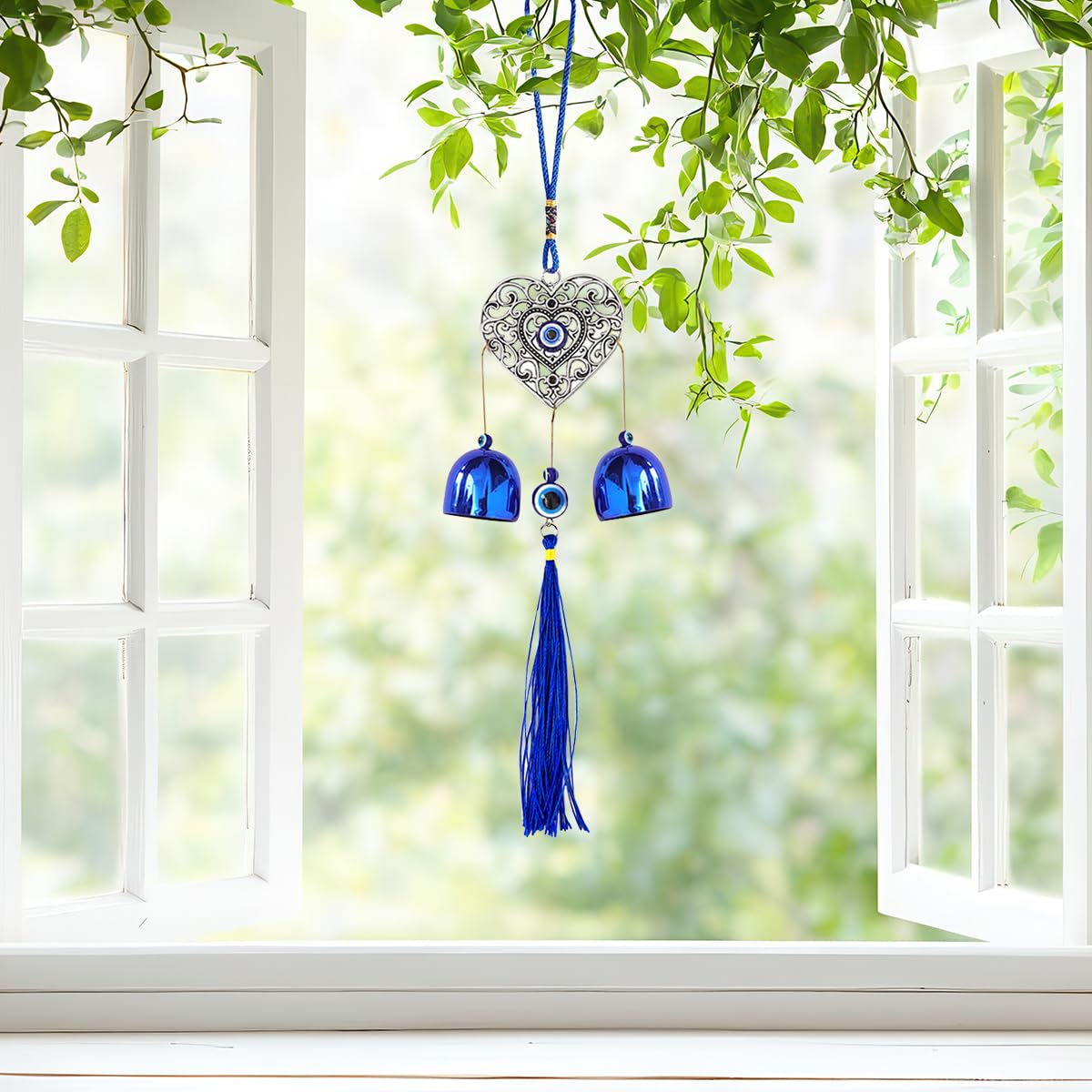 HASTHIP Door Hanging Bell for Home Decor featuring Dual Bells and Hollow Heart Evil Eye Charm