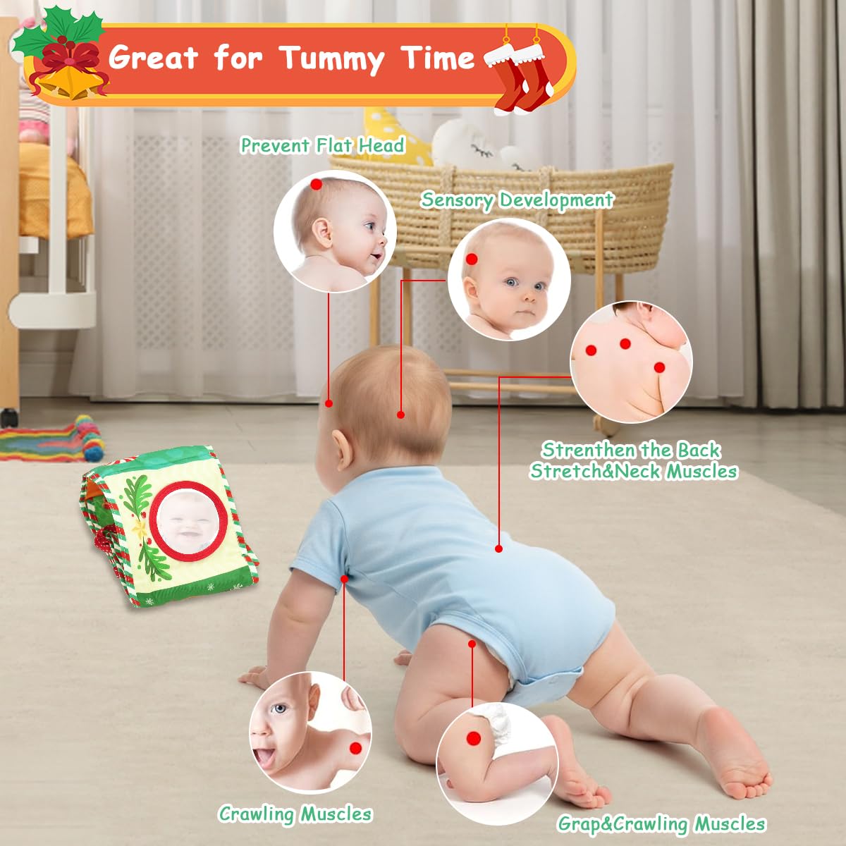 SNOWIE SOFT Baby Cloth Book for Crib Play with 3D Mirror & Squeaky Toy 115x70cm | Soft Cloth for Infants