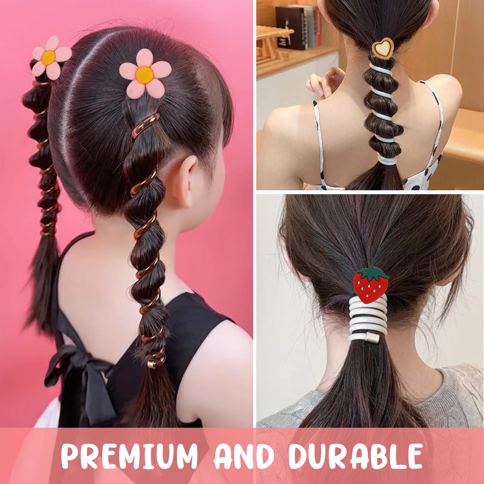Venzina Spiral Hair Ties for Girls with Heart and Flower Charms | 3 Pcs Elastic Bands