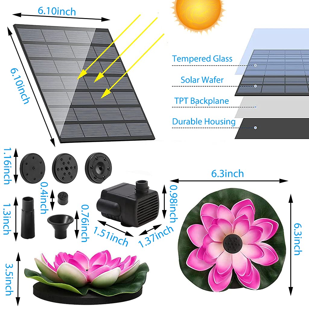 ELEPHANTBOAT Lotus Fountain Solar Water Pump for Garden Ponds and Bird Baths 7V 2.5W | Featuring 7 Spray Nozzles and DC Brushless Motor