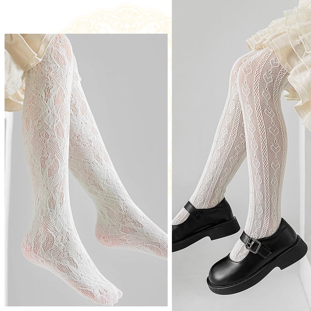 PALAY Lace Pantyhose for Kids Girls featuring Floral and Heart Patterns 2 Pcs White Stockings