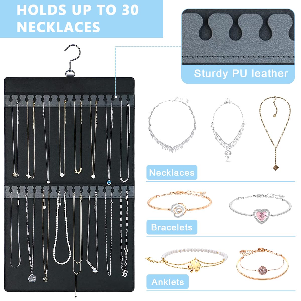 HASTHIP® Hanging Jewellery Organisers, Dual-Sided Necklace & Earrings Organizer, Large Felt Jewelry Organizer Hanger For Closet, Wall, Door - Holds Up To 300 Pairs Of Earrings And 30 Necklaces, Black