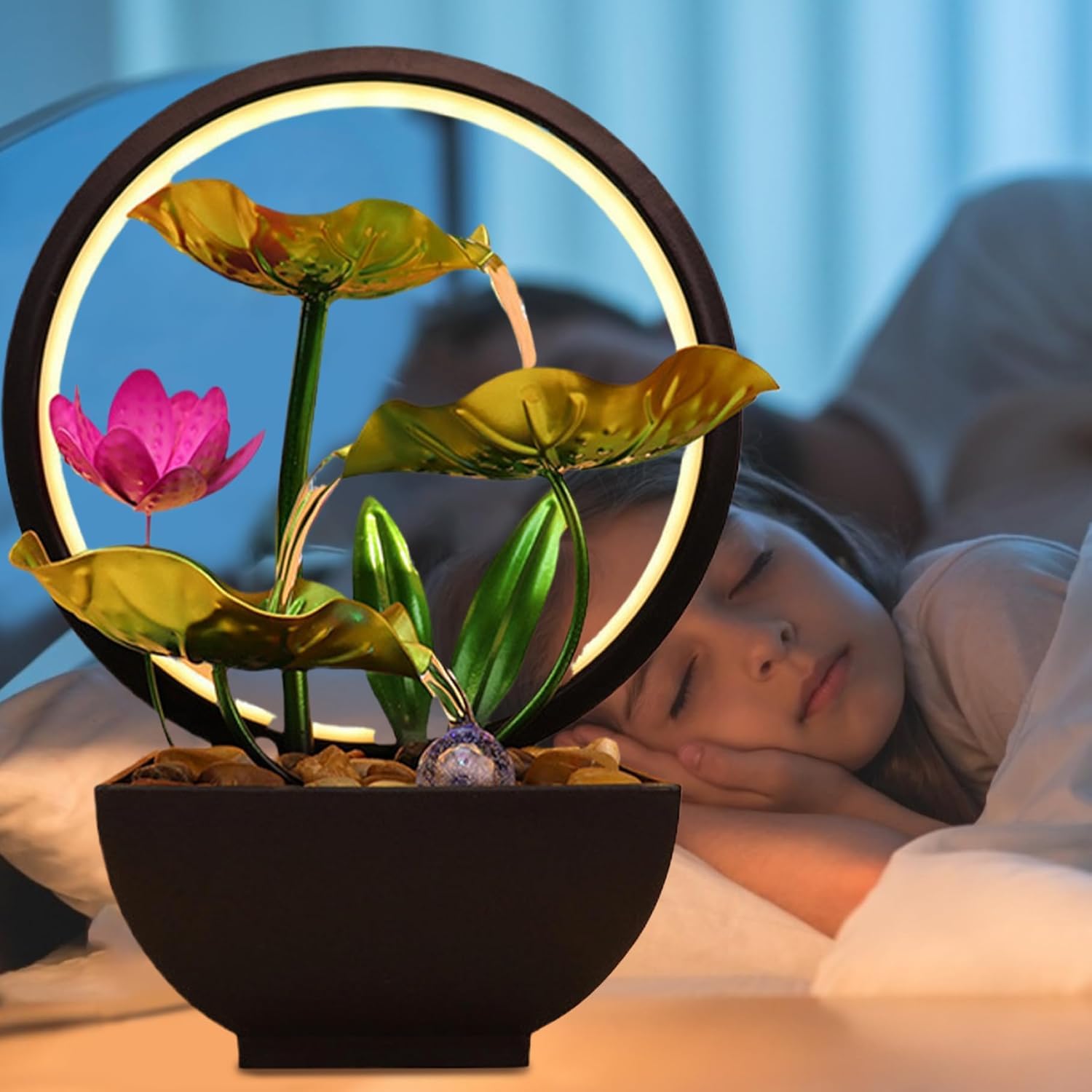 Supvox Tabletop Fountain for Home and Office with 3 Tiers 7.87x10.23 in and LED Ring Light