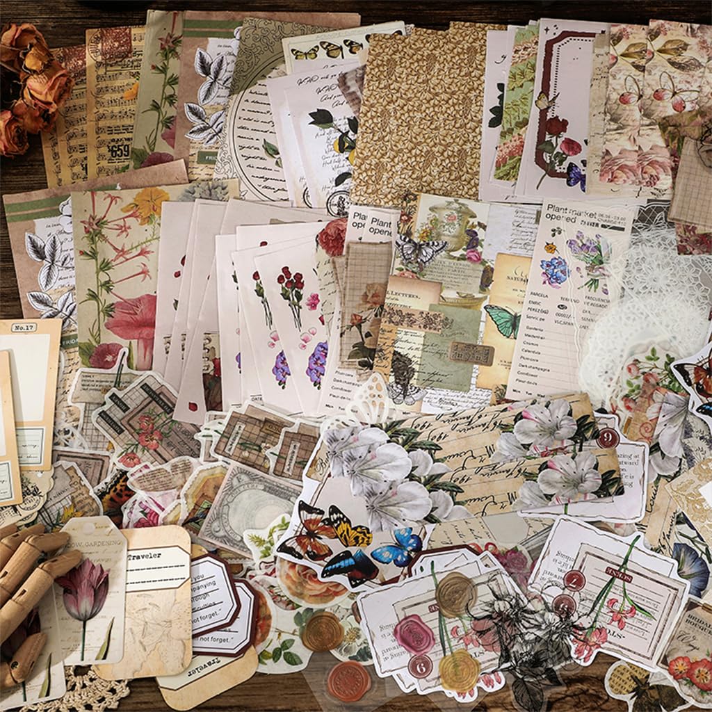 HASTHIP Journaling Supplies for Scrapbook and DIY Crafts with 260 pcs Floral and Vintage Elements | Stickers and Washi Paper Set