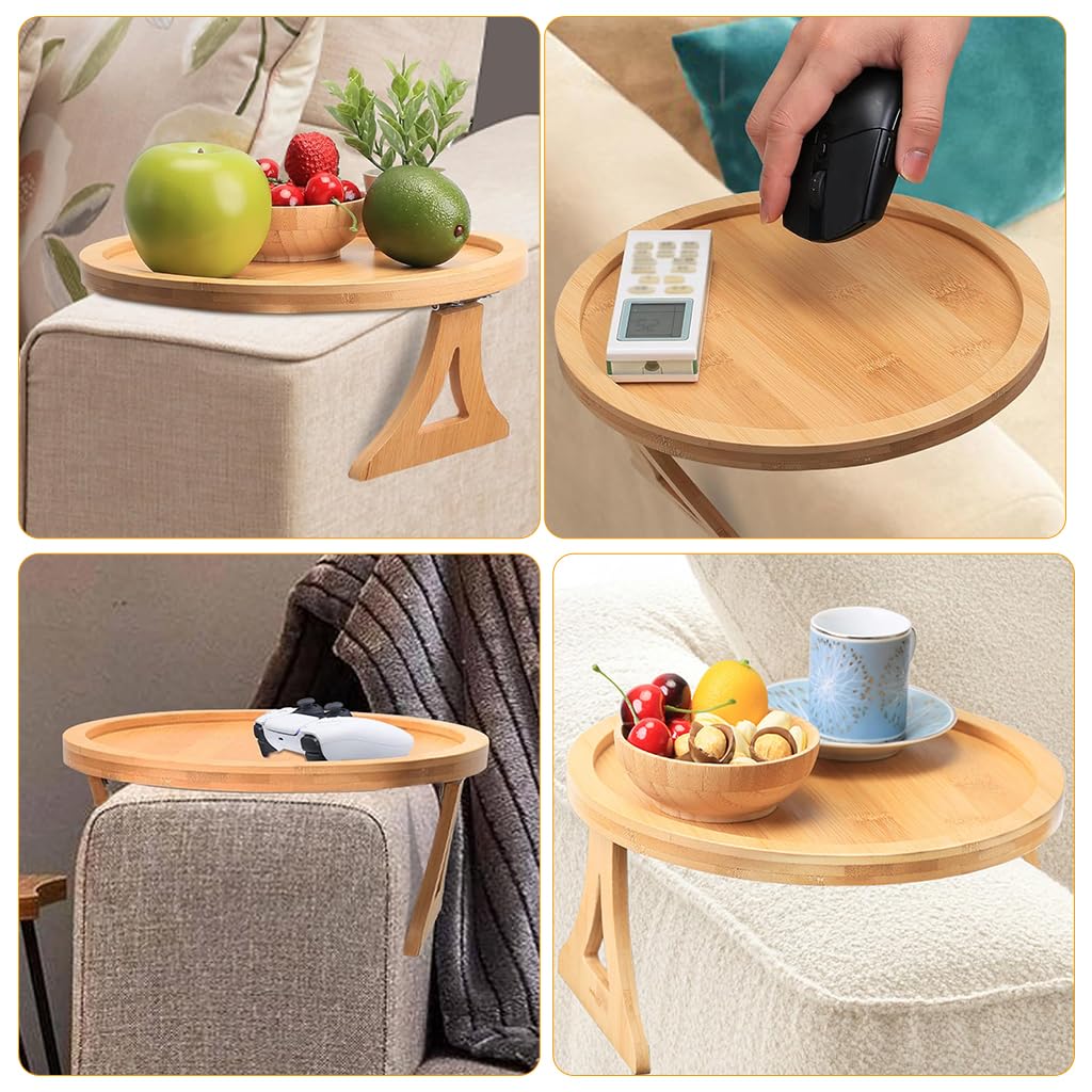 HASTHIP Sofa Armrest Wooden Tray for Snacks and Work with 25cm Dia Foldable Stand | Natural Bamboo Table