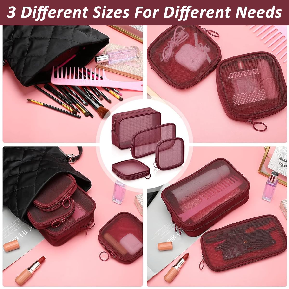 MAYCREATE Zipper Pouches Combo for Travel and Work featuring 8PCS in 4 Sizes Mesh Bags | Burgundy Red Nylon Cosmetic Organizer