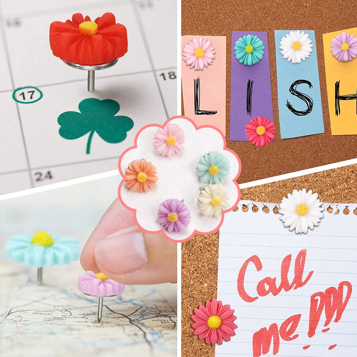HASTHIP Decorative Push Pins for Bulletin Board with Resin Flower Design 30 pcs | Rose Thumb Tacks for Office and Home