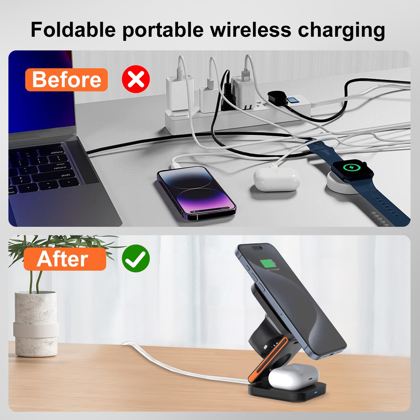 Zitronix 3 in 1 Wireless Charger with 15W Fast Output and Foldable Magnetic Stand | for iPhone Watch and AirPods