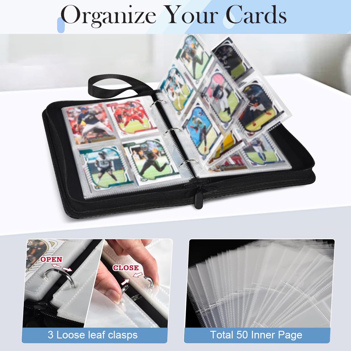 PATPAT Trading Card Binder for 400 Cards with Zipper Closure and PU Waterproof Cover | Black Kids Organizer