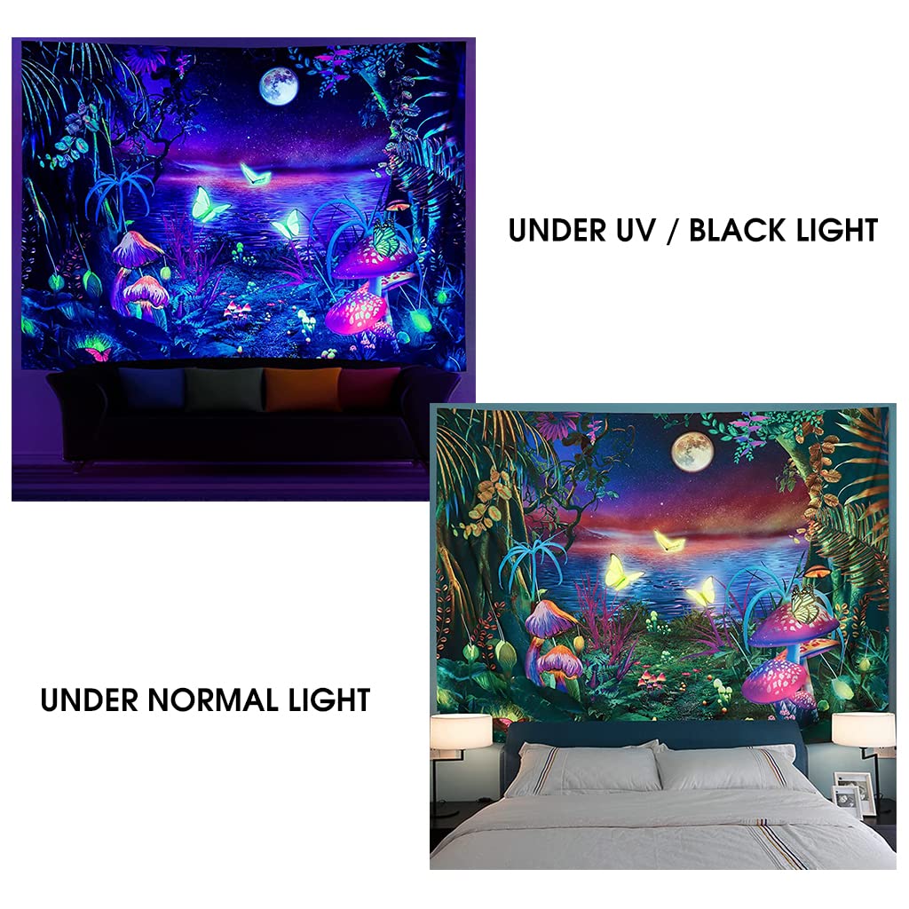 HASTHIP® Blacklight Fantasy Forest Tapestry, UV Reactive Tapestry Glow in The Dark, Butterfly Aesthetic Tapestries Galaxy Moon Space Tapestry Wall Hanging for Bedroom Living Room (51.2 in x 59.1 in)