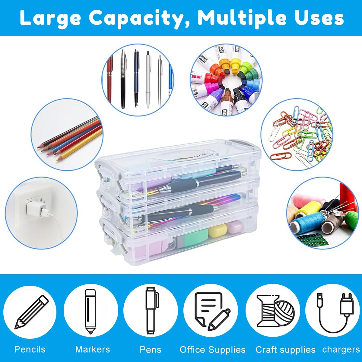 HASTHIP Pencil Box for School and Office with Stackable 3 Tier Design 8x3.8x1.4 in | Clear Silicone Organizer