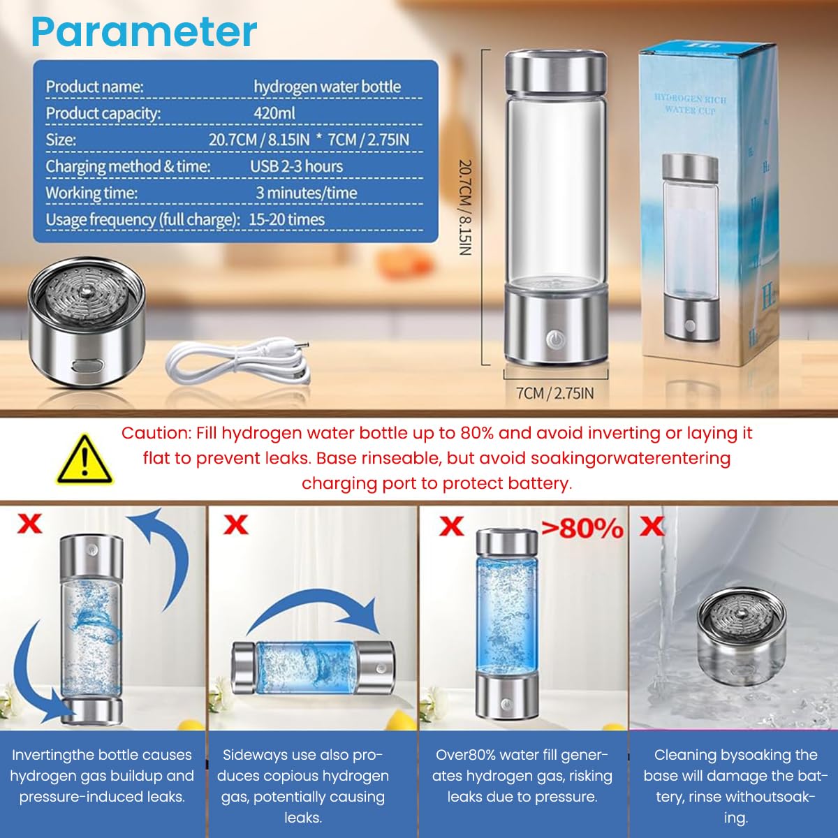 HASTHIP Glass Water Bottle 420ml for Travel with Electrolysis Hydrogen Generator | High Boron Silicon Transparent Design