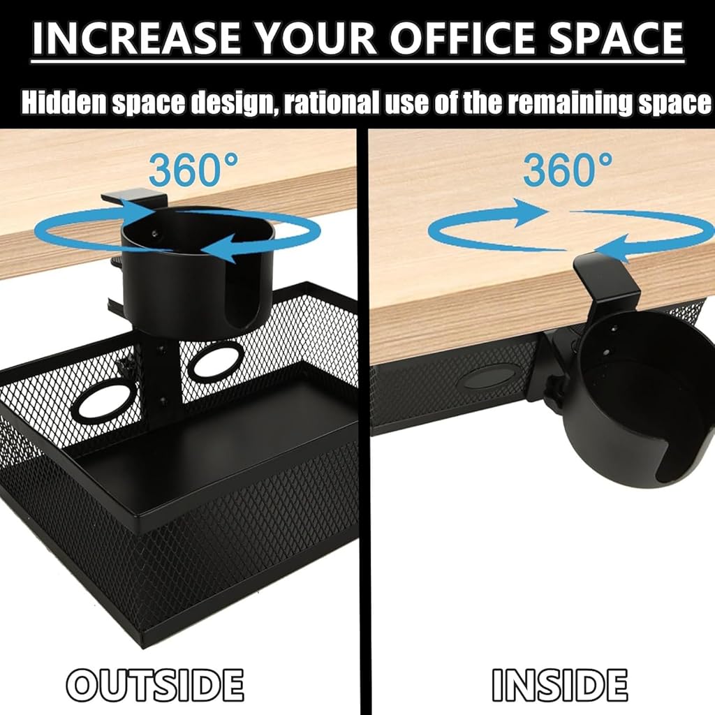 Climberty® RHBLME Black 360-Degree Under Desk Organizer with Cup Holder, Clamp-on Swivel Pencil Drawer Desk Hidden Extra Sturdy C-Clamp Mount System, Strong and Durable
