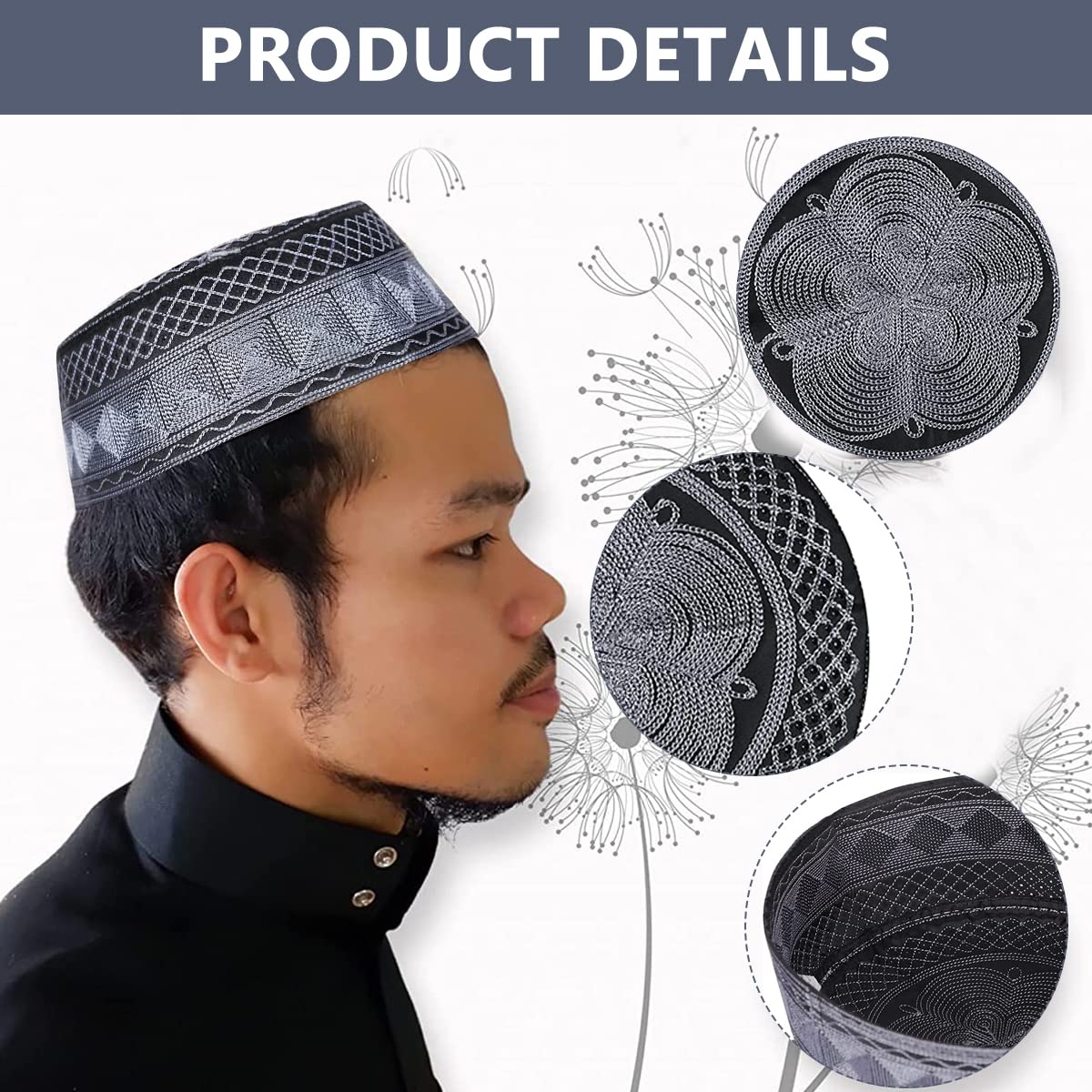 GUSTAVE® Muslim Cap for Men Islamic Prayer Skull Cap Muslim Eid Prayer Embroidered Kufi Fat Ramadan Mosque Arab Indian Prayer Cap Grey